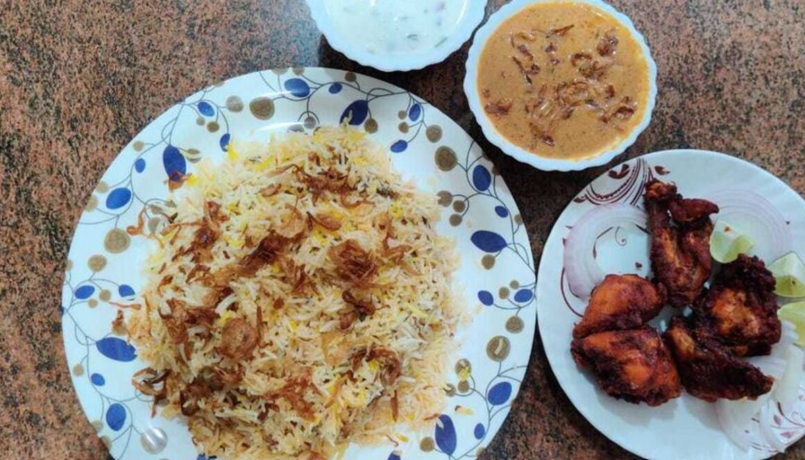 Hyderabadi Biryani packed for takeaway from Noon’s Biryani, HSR Layout, Best Biryani in Bangalore home-cooked style.
