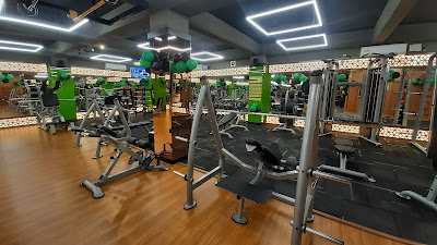 Adjustable weight bench set to an incline position, ready for use.