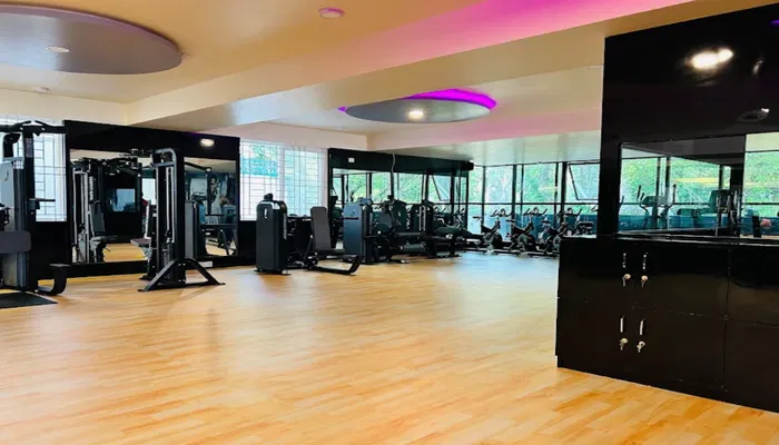 Empty, spacious gym studio with a curved accent wall and professional fitness equipment.