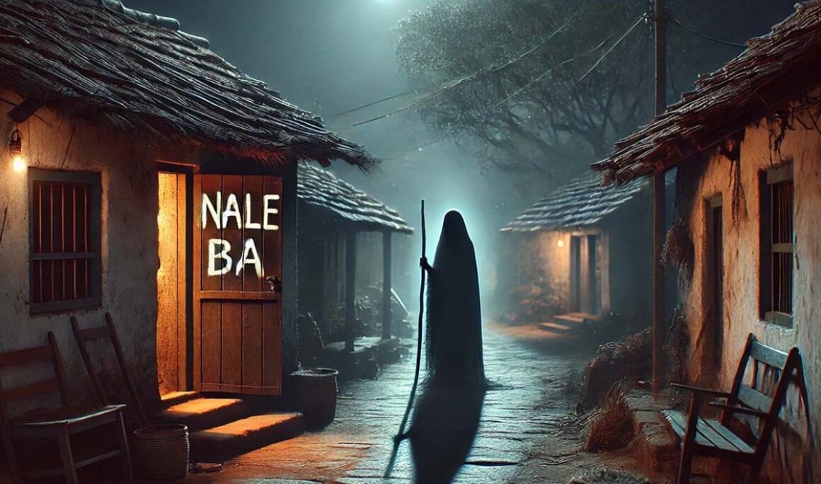 Artistic image illustrating the 'Naale Baa' folklore with a shadowy figure and the warning painted on a door, a unique story among Haunted Places in Bangalore.